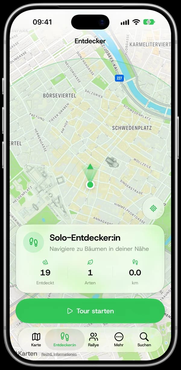 Entdecker mit Statistik und Tour-Knopf